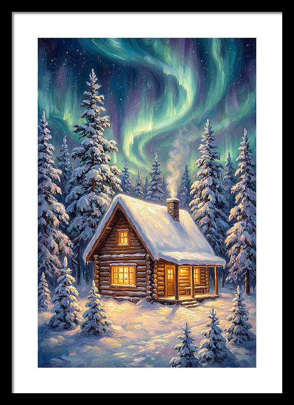 Snow Cabin Under Aurora
