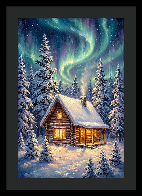 Snow Cabin Under Aurora
