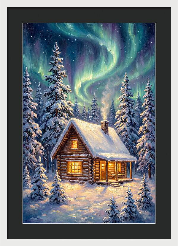 Snow Cabin Under Aurora