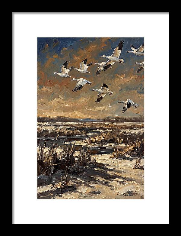 Snow Geese Over Winter Wetland