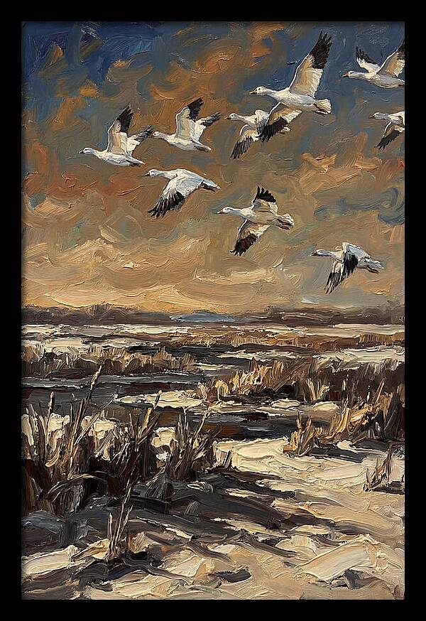 Snow Geese Over Winter Wetland