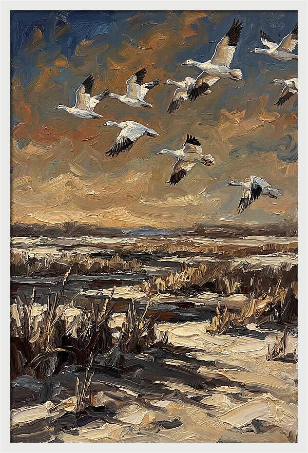 Snow Geese Over Winter Wetland