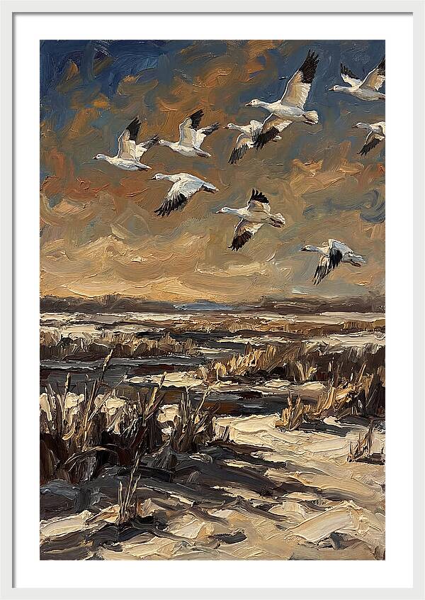 Snow Geese Over Winter Wetland