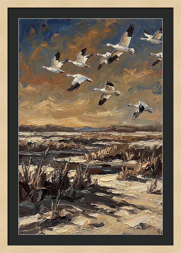 Snow Geese Over Winter Wetland