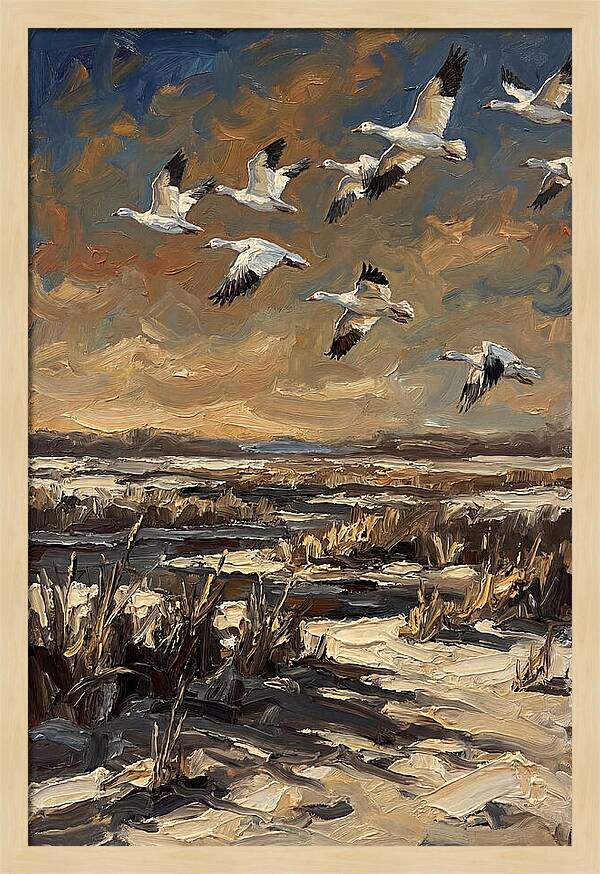 Snow Geese Over Winter Wetland