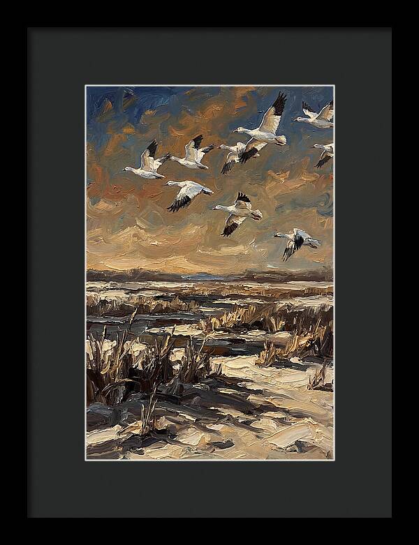 Snow Geese Over Winter Wetland