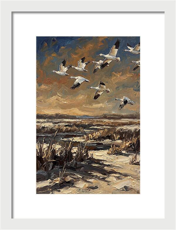 Snow Geese Over Winter Wetland