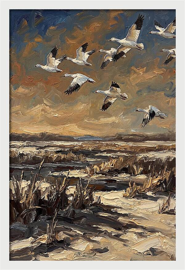 Snow Geese Over Winter Wetland