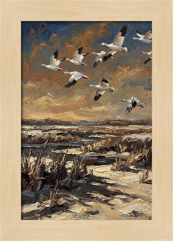 Snow Geese Over Winter Wetland