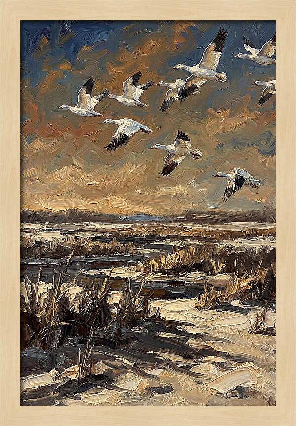 Snow Geese Over Winter Wetland