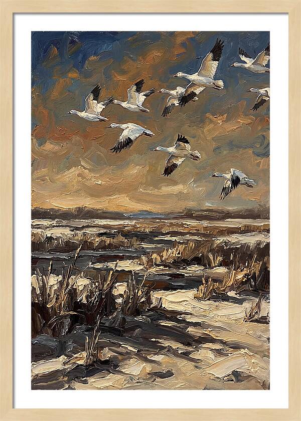 Snow Geese Over Winter Wetland