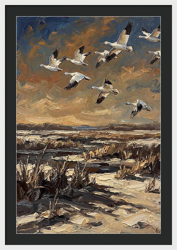 Snow Geese Over Winter Wetland