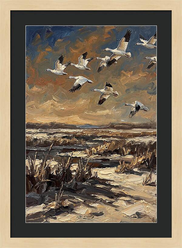 Snow Geese Over Winter Wetland