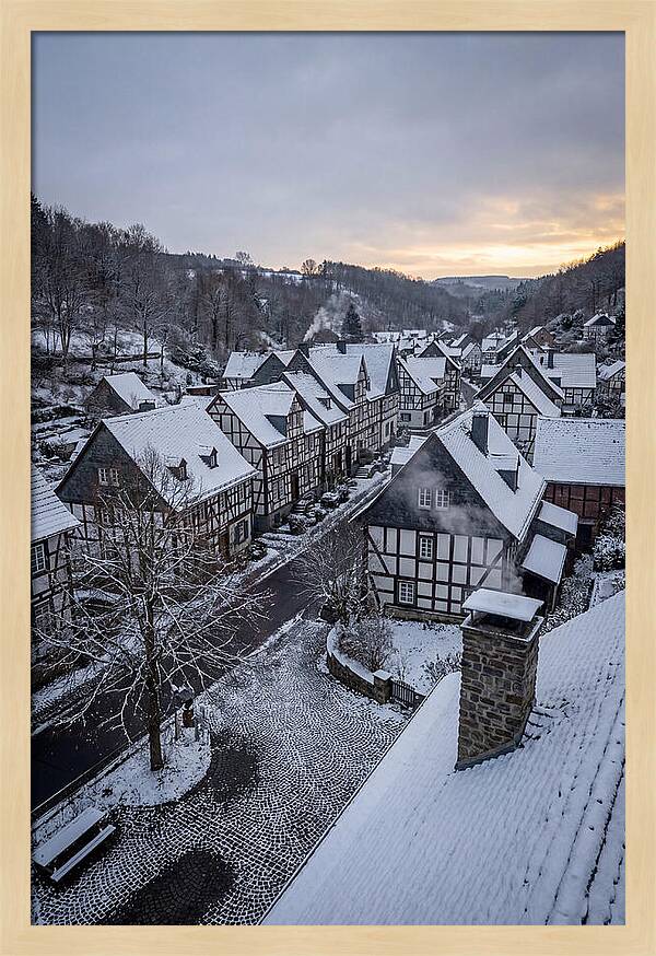 Snowcovered Village At Dusk