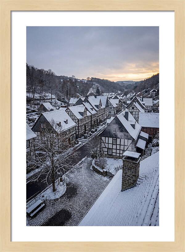 Snowcovered Village At Dusk