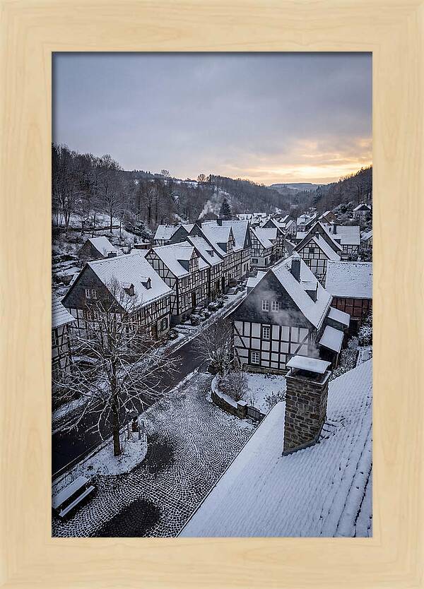Snowcovered Village At Dusk