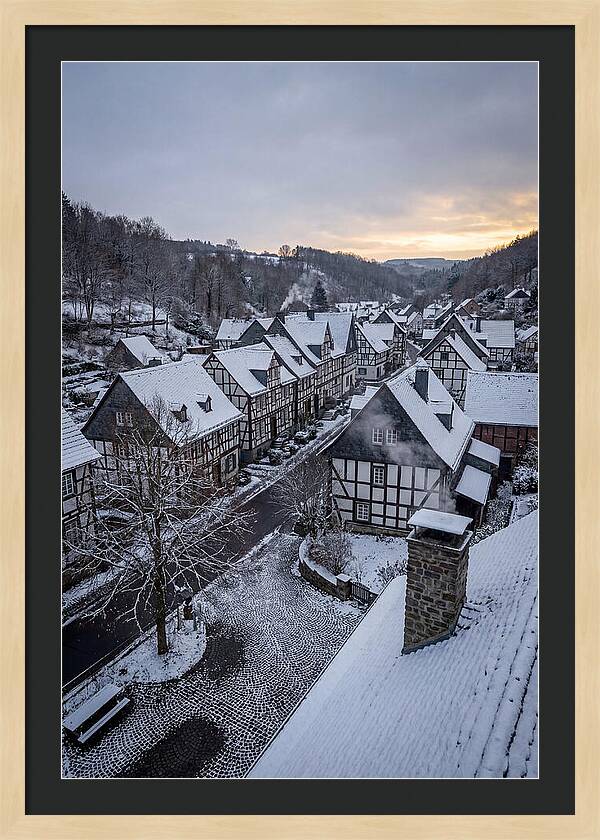 Snowcovered Village At Dusk