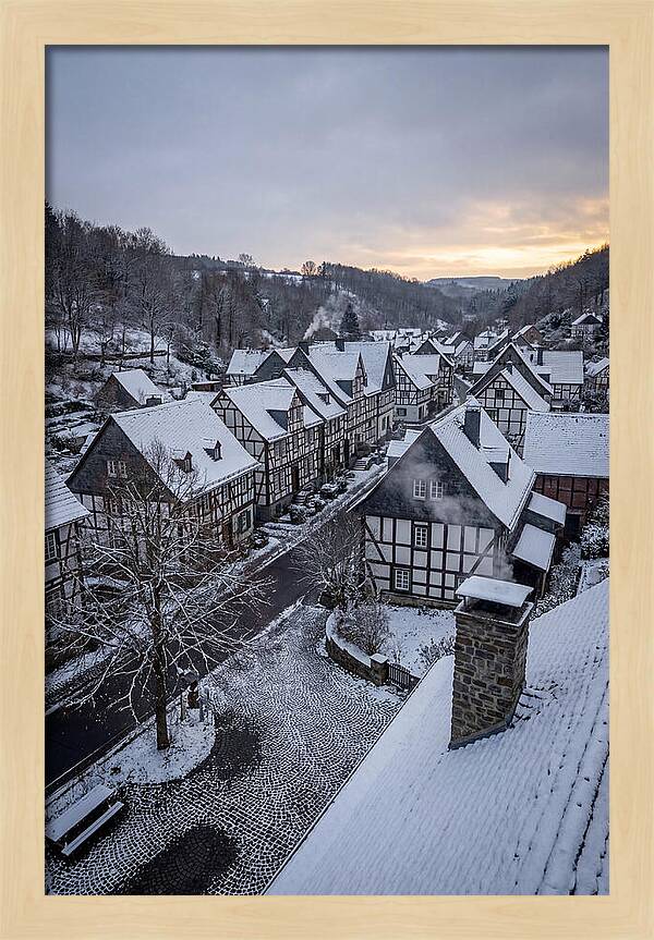 Snowcovered Village At Dusk