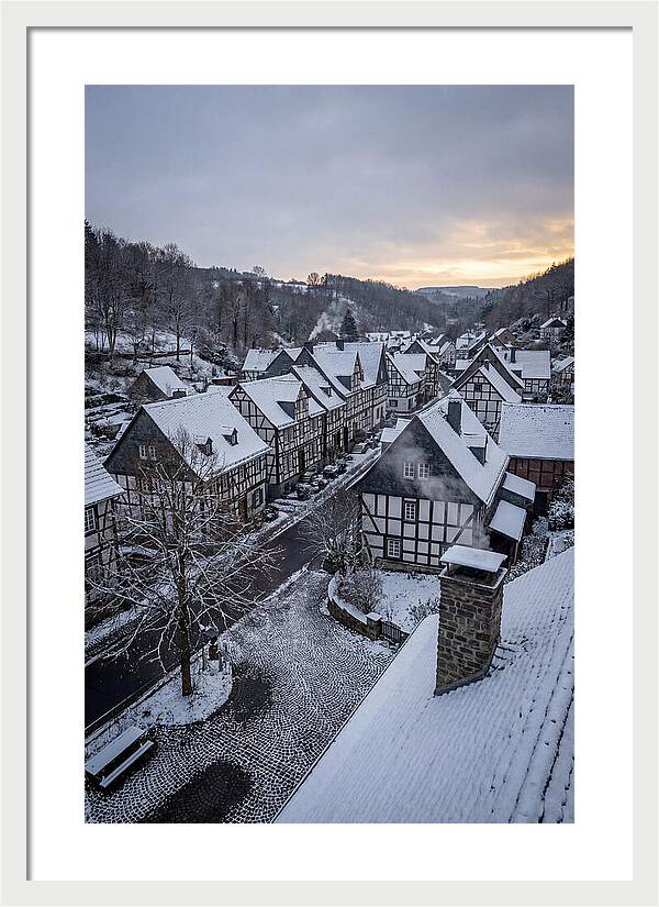Snowcovered Village At Dusk