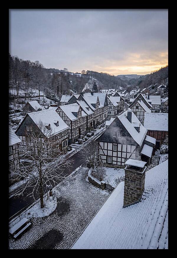 Snowcovered Village At Dusk