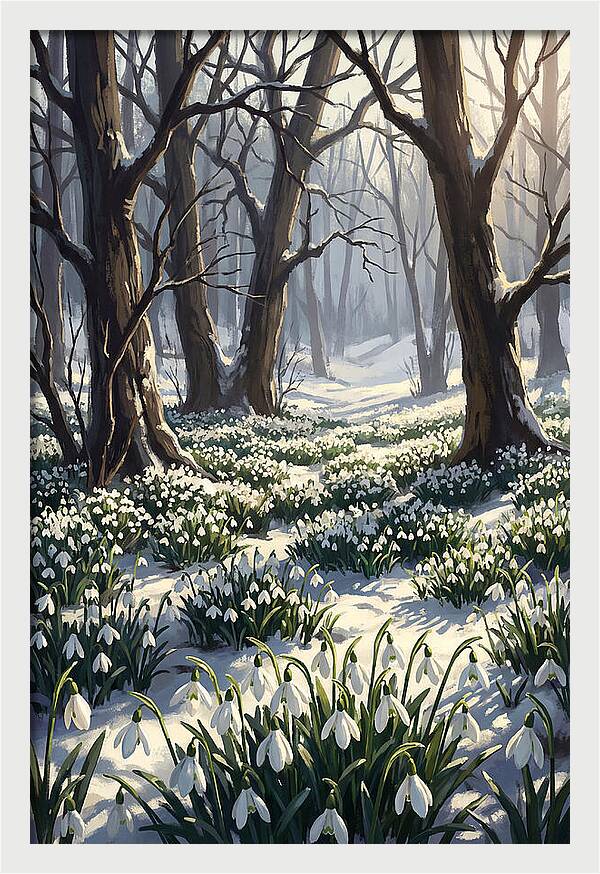 Snowdrop Carpet Under Bare Trees