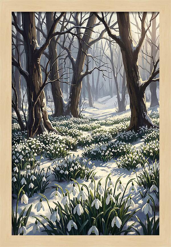 Snowdrop Carpet Under Bare Trees