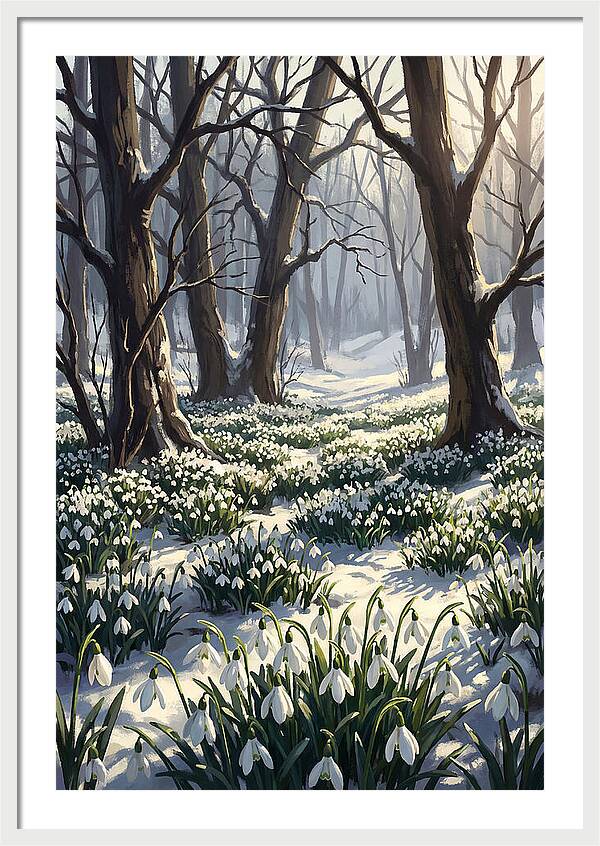 Snowdrop Carpet Under Bare Trees