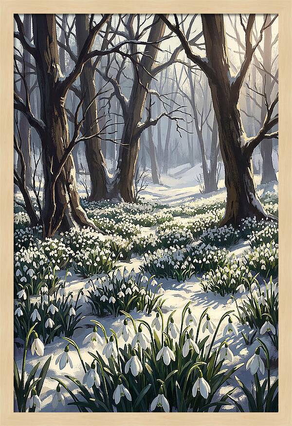 Snowdrop Carpet Under Bare Trees