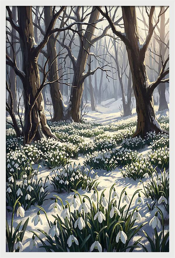 Snowdrop Carpet Under Bare Trees