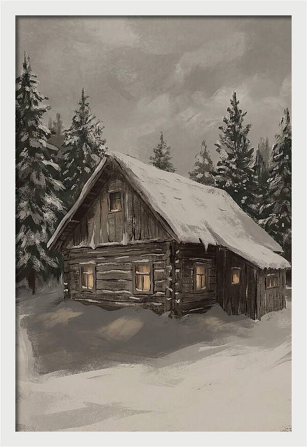 Snowy Cabin With Warm Light