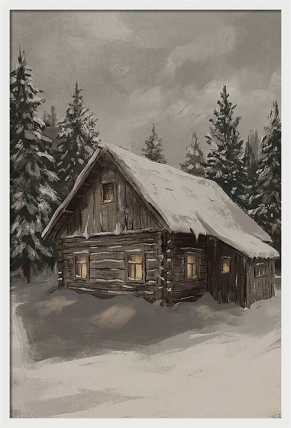 Snowy Cabin With Warm Light
