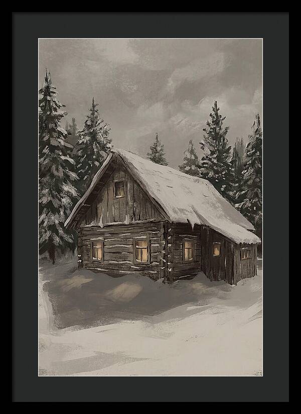 Snowy Cabin With Warm Light