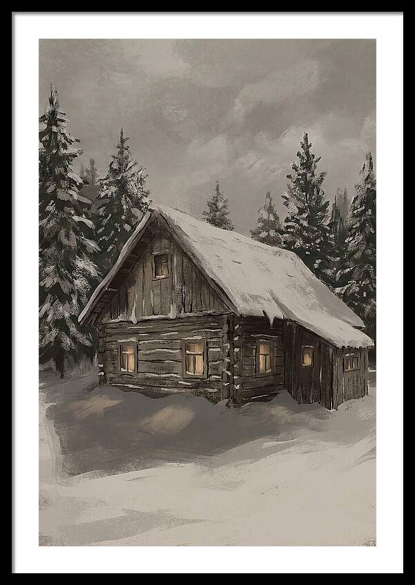 Snowy Cabin With Warm Light
