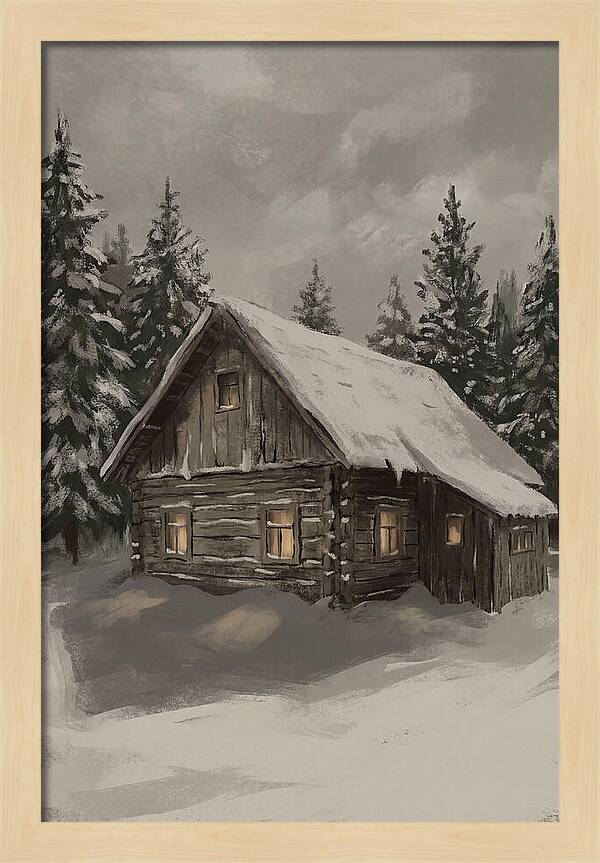 Snowy Cabin With Warm Light
