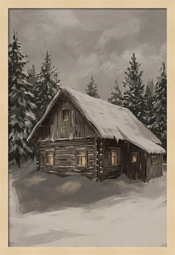 Snowy Cabin With Warm Light