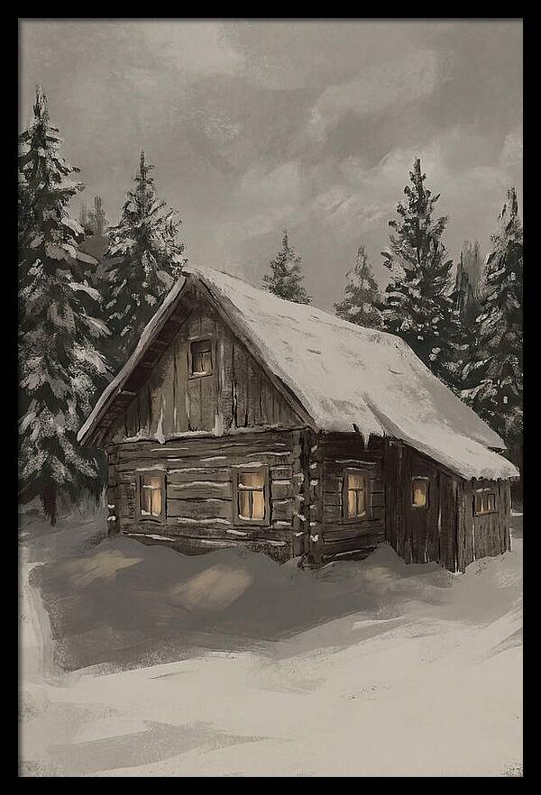 Snowy Cabin With Warm Light