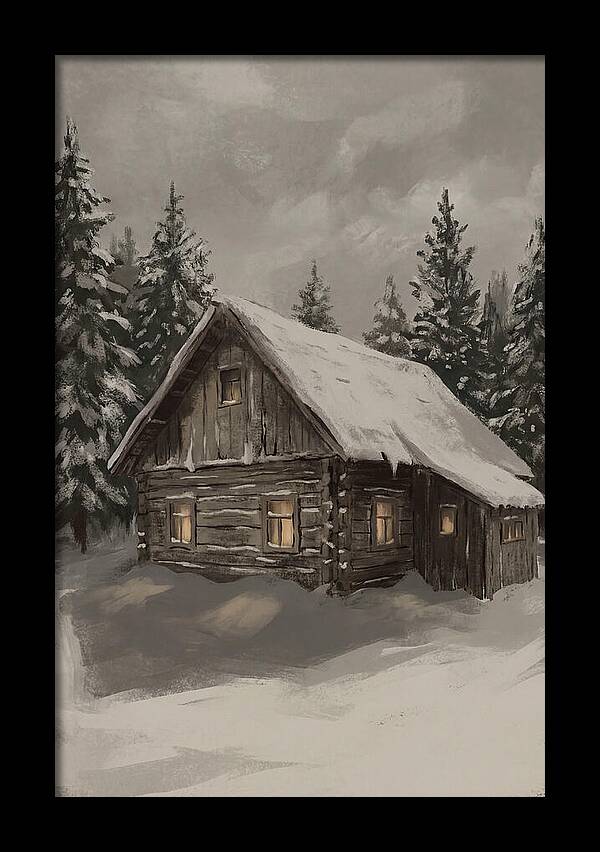 Snowy Cabin With Warm Light