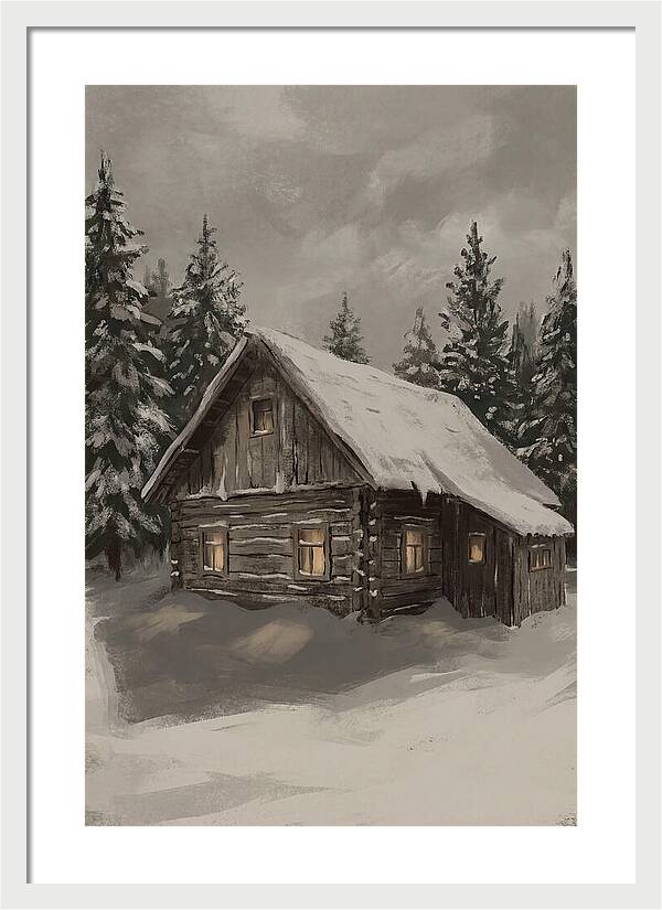 Snowy Cabin With Warm Light