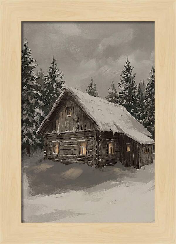 Snowy Cabin With Warm Light