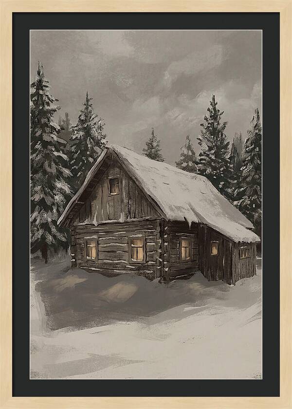 Snowy Cabin With Warm Light