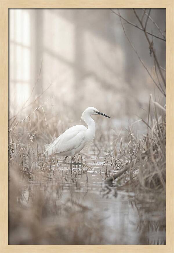 Snowy Egret In Misty Marsh