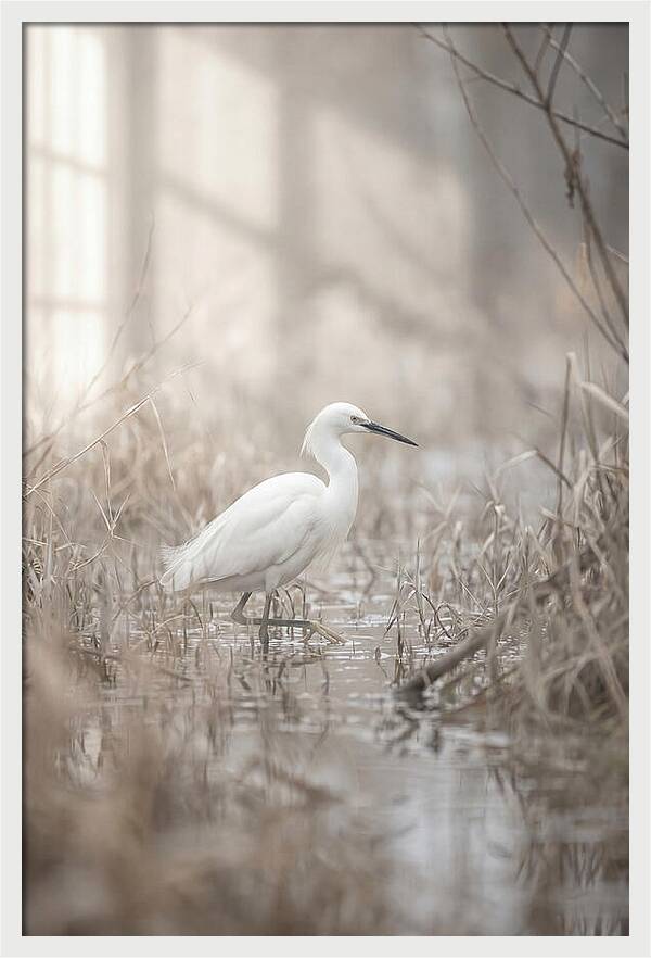 Snowy Egret In Misty Marsh
