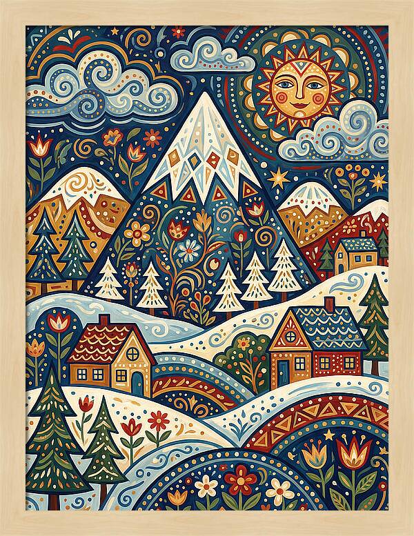 Snowy Mountain Village Scene