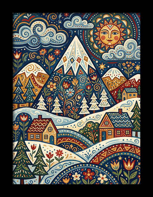 Snowy Mountain Village Scene