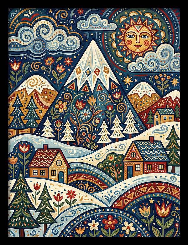 Snowy Mountain Village Scene
