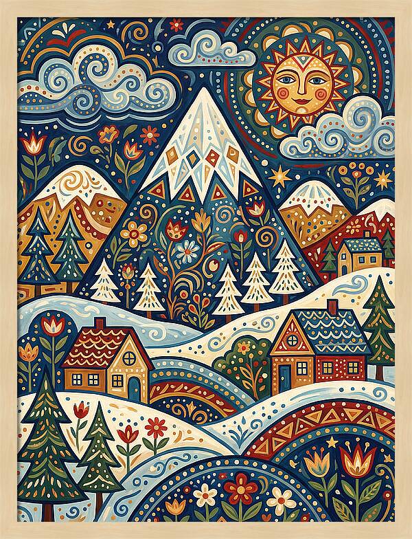Snowy Mountain Village Scene