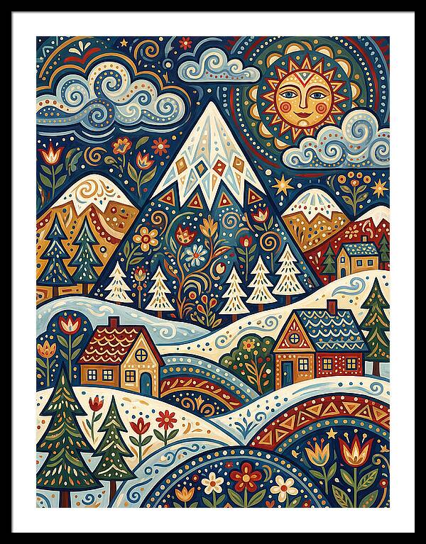 Snowy Mountain Village Scene