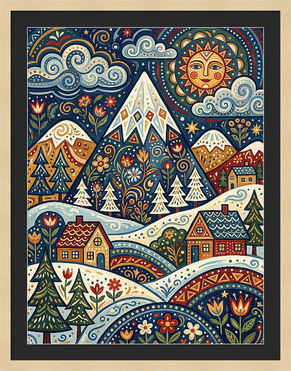 Snowy Mountain Village Scene