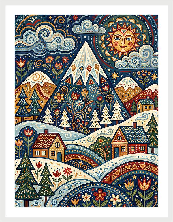 Snowy Mountain Village Scene