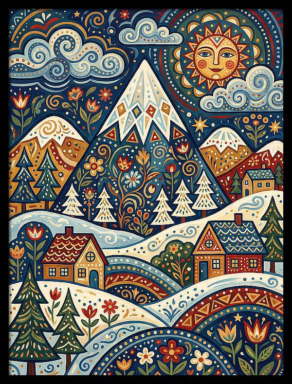 Snowy Mountain Village Scene